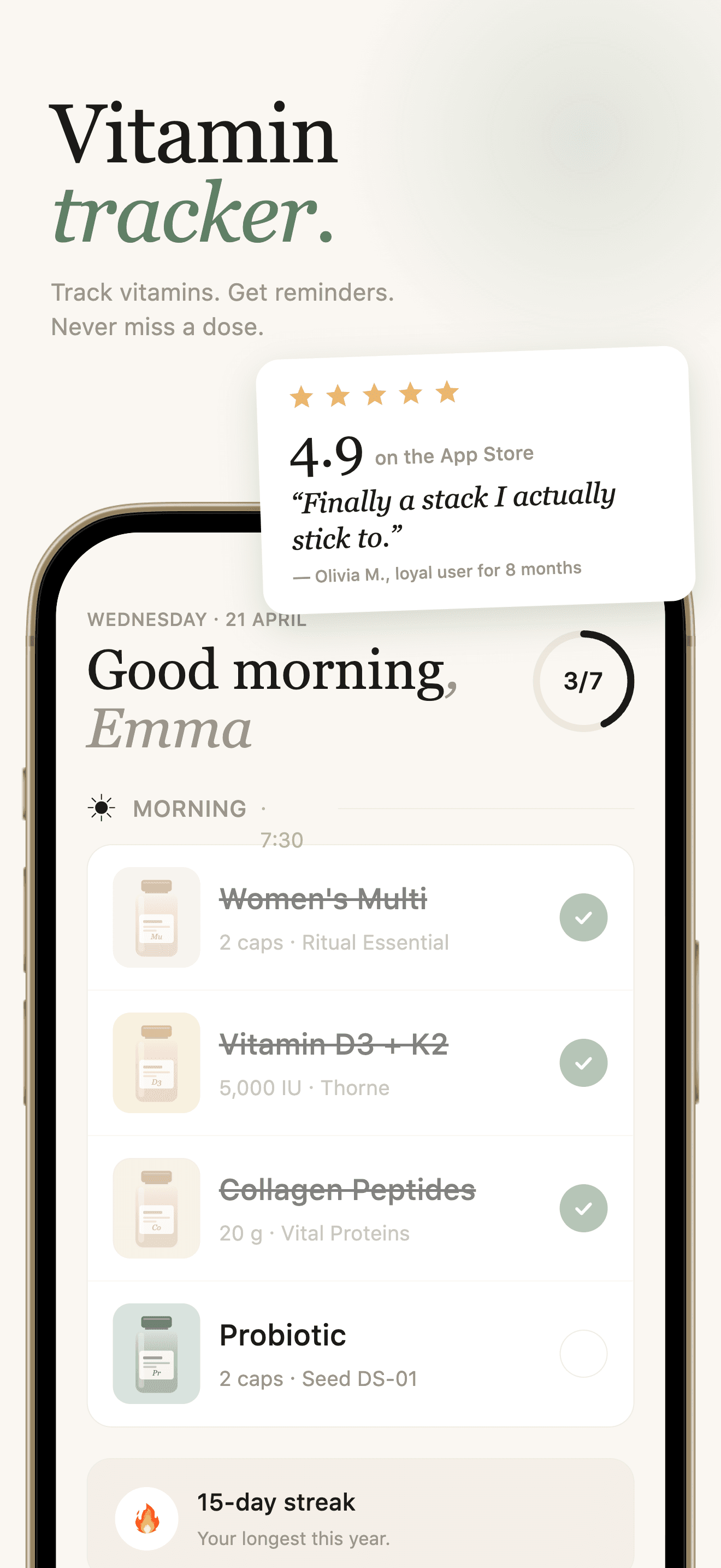 Vitamin Tracker home screen with a daily supplement checklist.