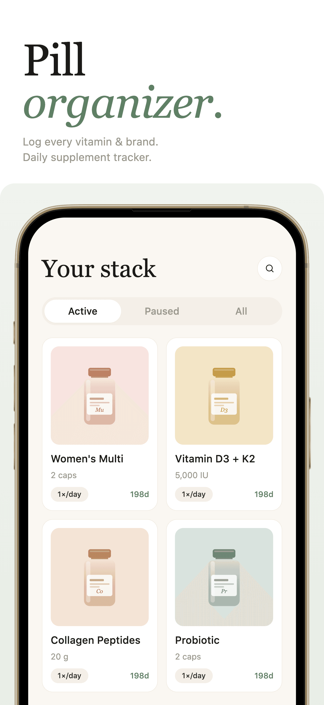 Vitamin Tracker pill organizer screen showing active supplements.