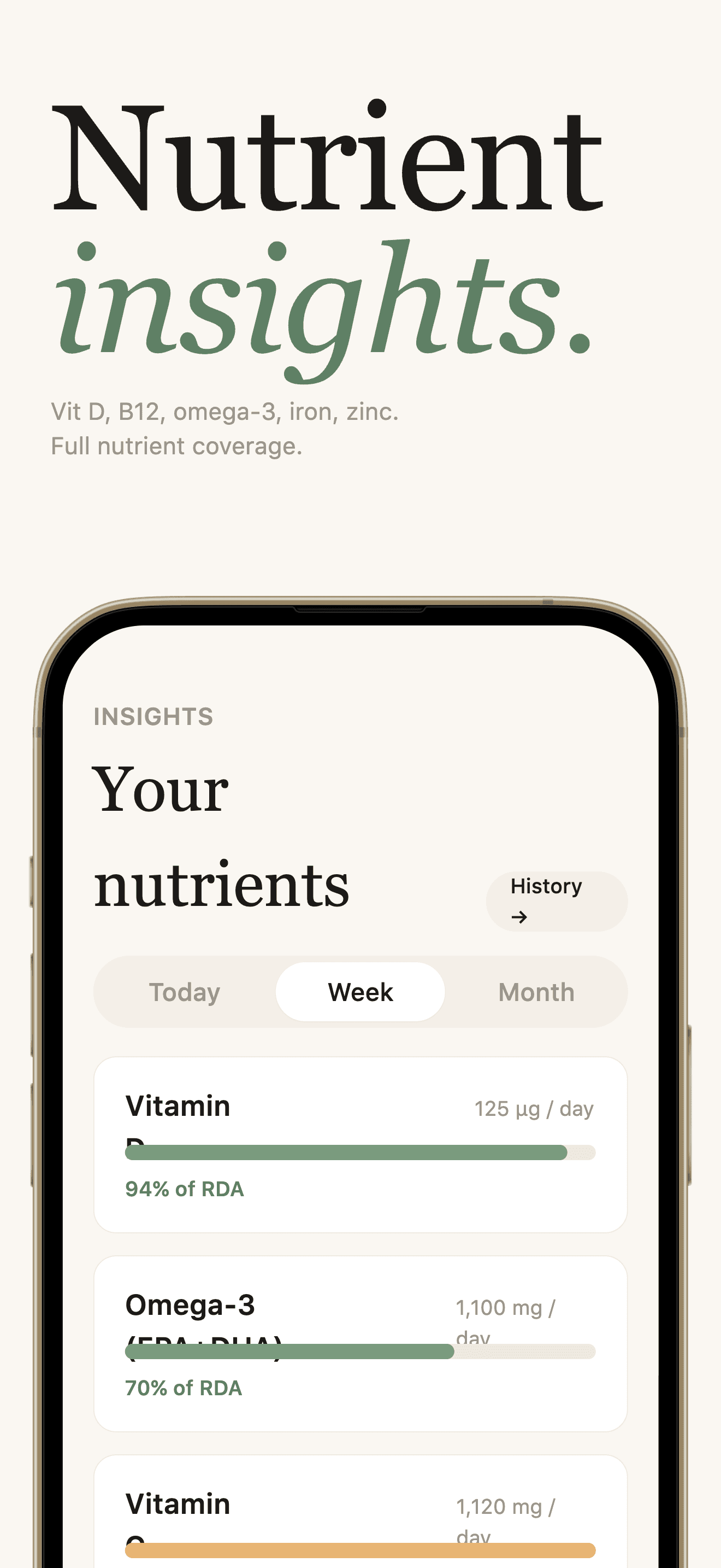 Vitamin Tracker nutrient insights screen with weekly nutrient coverage.