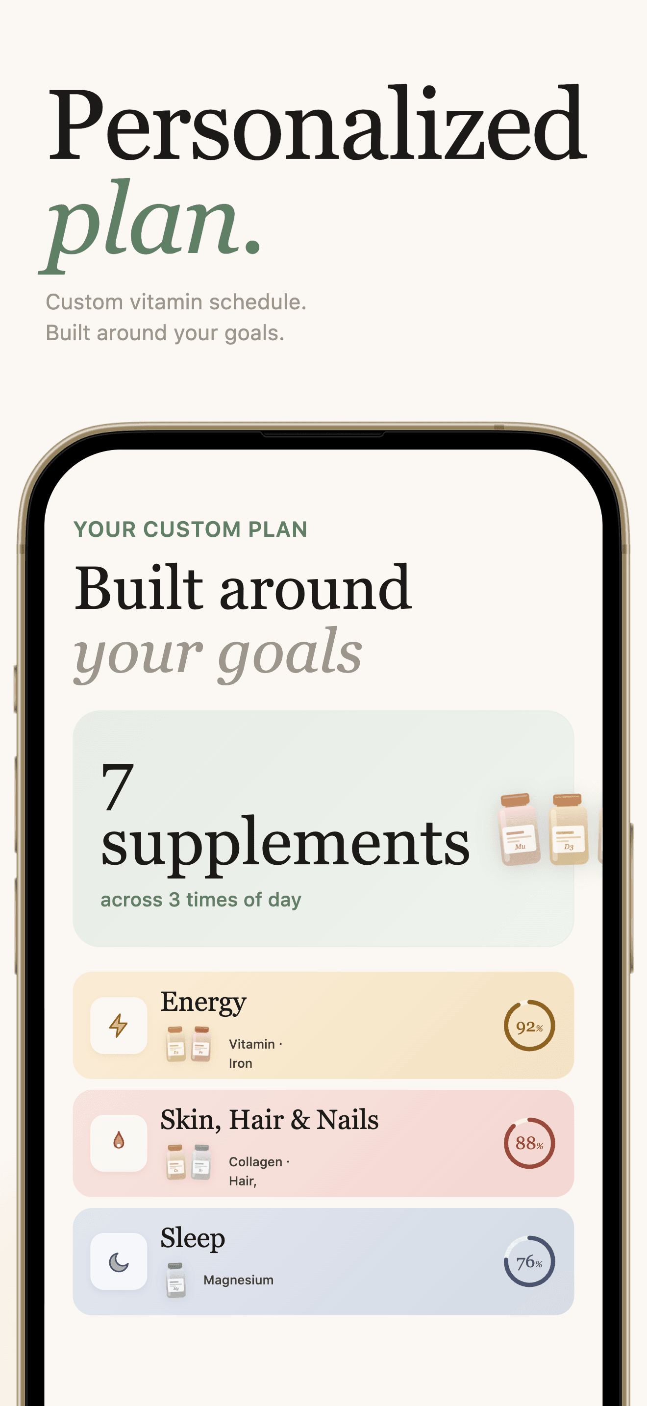 Vitamin Tracker personalized plan screen with supplement goals.