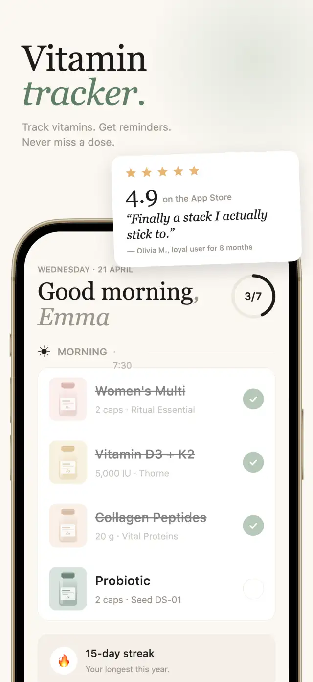 Vitamin Tracker home screen with a daily supplement checklist.
